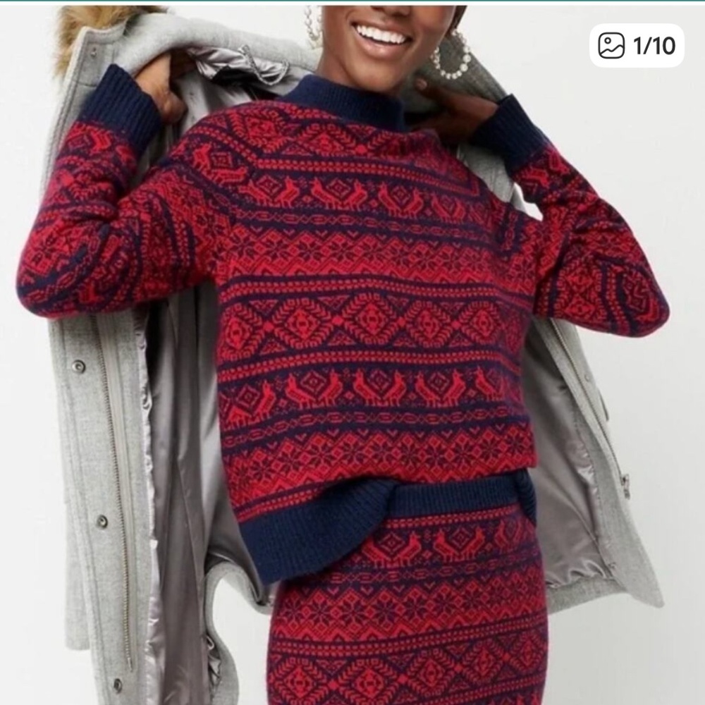 J. Crew Red and Navy Fair Isle Crew Sweater
